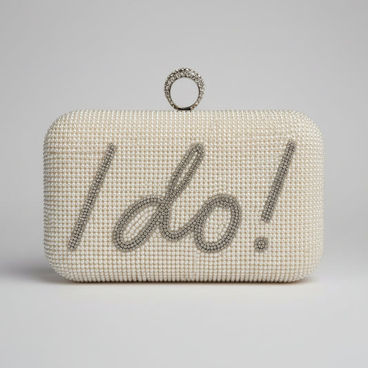 Perlen Clutch mit I Do Schriftzug als Braut Accessoire für Verlobung, JGA und Hochzeit