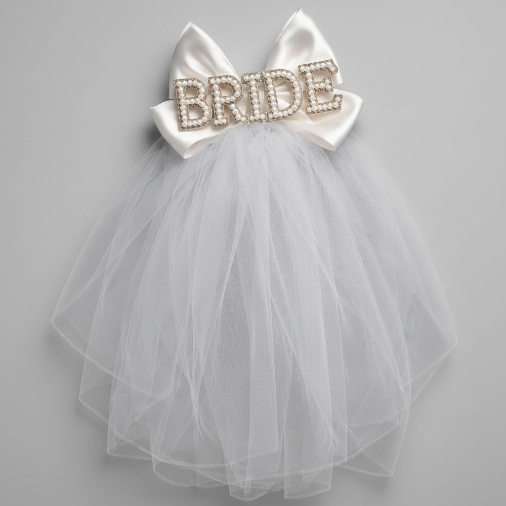 Bride Schleier mit Perlen-Schriftzug und Satin-Schleife für JGA, Bridal Shower und Hochzeit