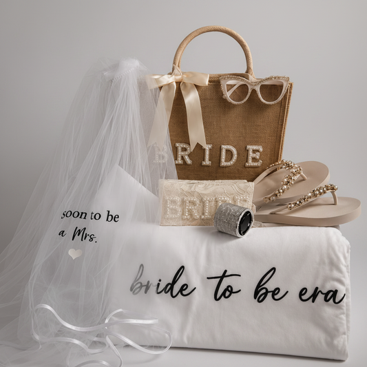 Beach Please Brautbox für Beach JGA mit Bride Tasche, Schleier, Strandtuch, Sonnenbrille und Flip Flops