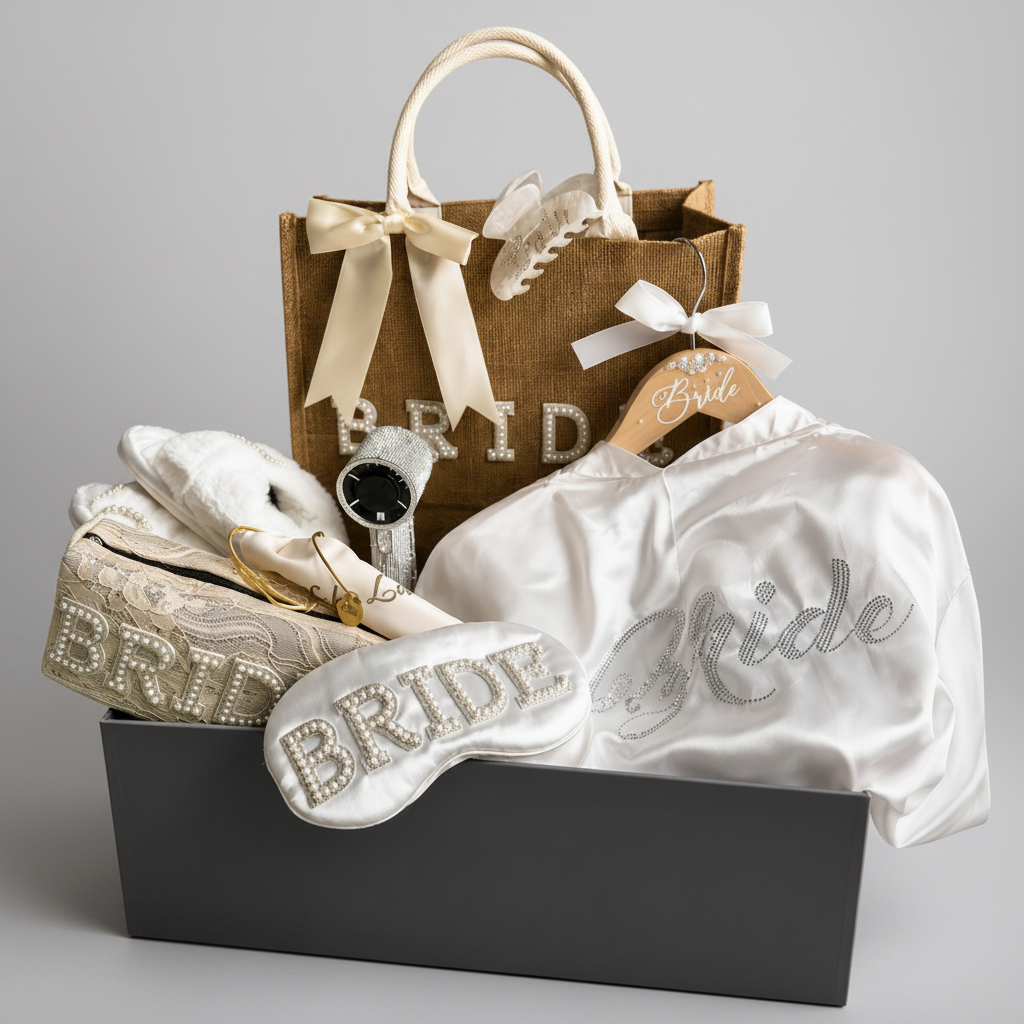 Champagne, Silk & Promises Luxus Brautbox mit Robe, Bride Tasche, Kosmetiktasche, Schlafmaske und Bridal Accessoires
