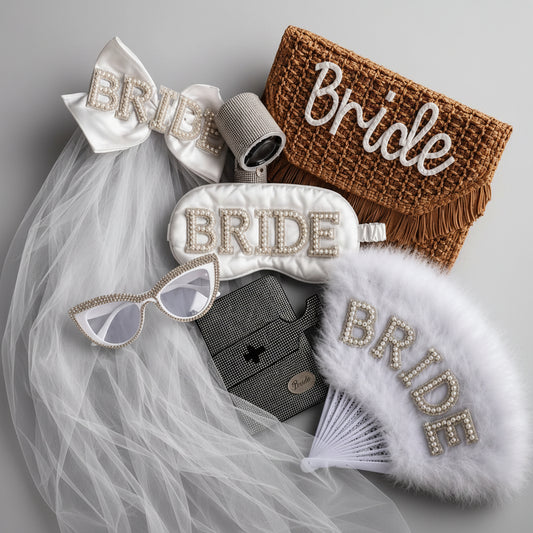 Love is in the Air Luxus Brautbox mit Bride Clutch, Schleier, Schlafmaske, Sonnenbrille und Reise Accessoires