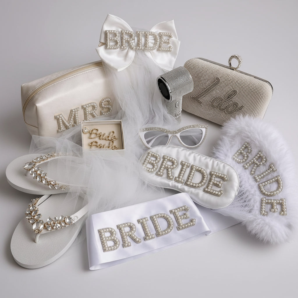 House of Pearls Luxus Brautbox mit Clutch, Schleier, Perlenfächer, Schlafmaske und Bride Accessoires