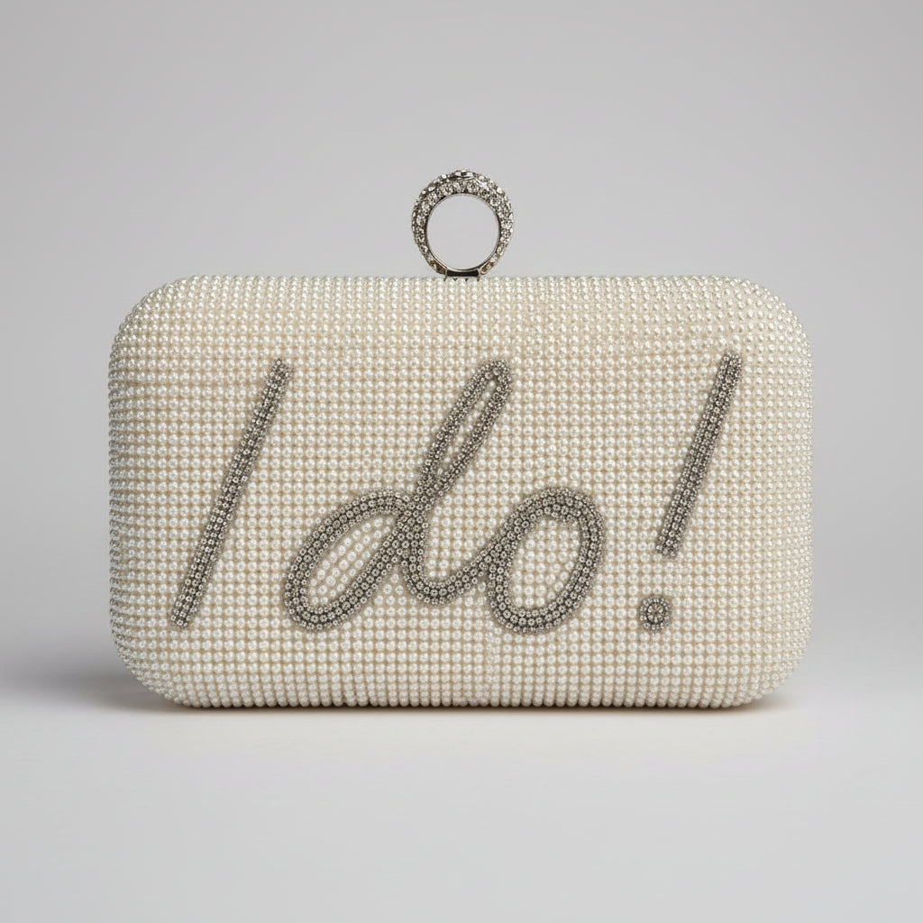 Perlen Clutch mit I Do Schriftzug als Braut Accessoire für Verlobung, JGA und Hochzeit