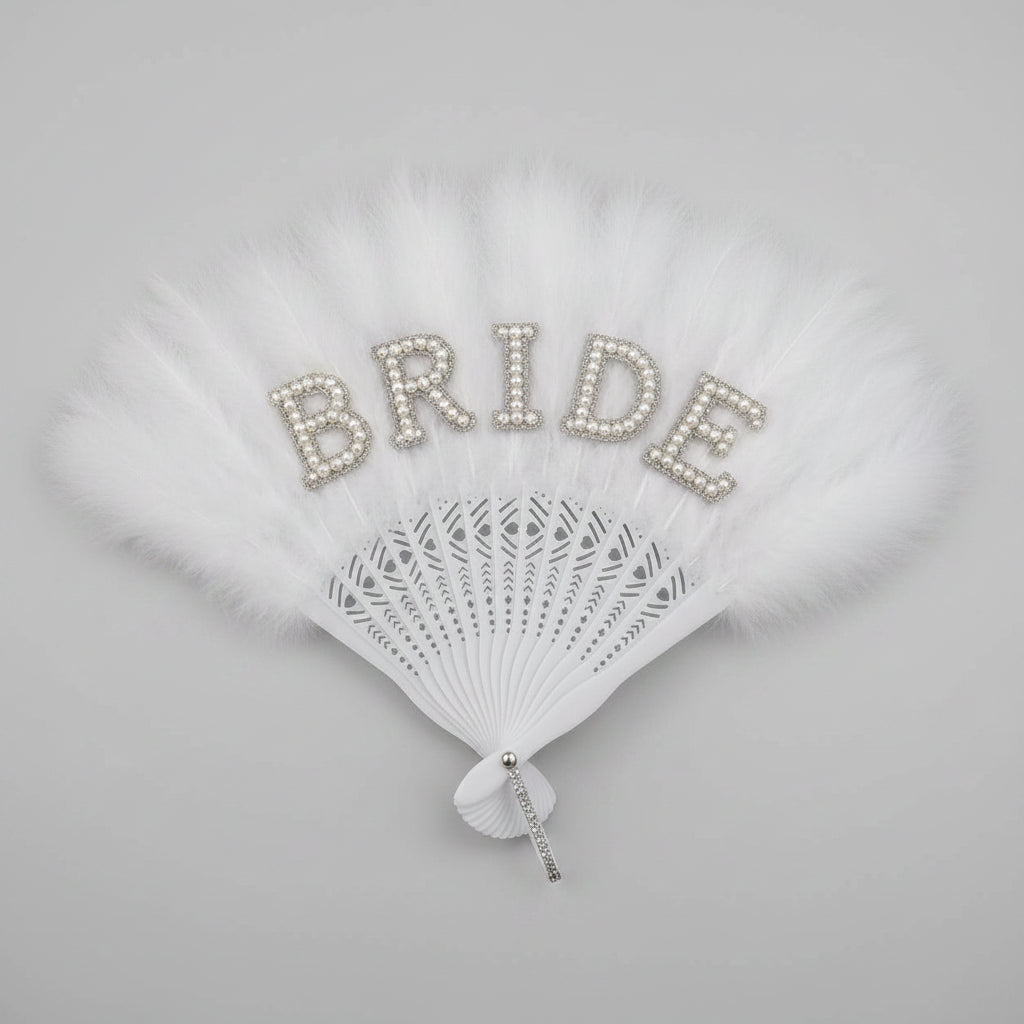 Bride Perlenfächer mit Federbesatz als Braut Accessoire für JGA, Bridal Shower und Hochzeit