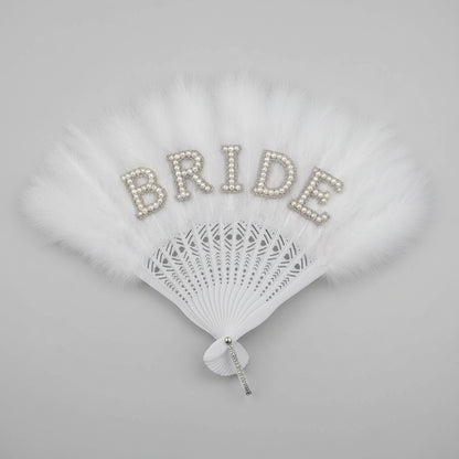 Bride Perlenfächer mit Federbesatz als Braut Accessoire für JGA, Bridal Shower und Hochzeit