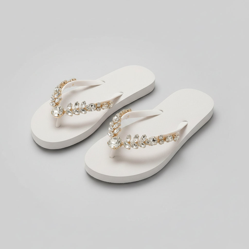 Luxuriöse Bride Flip Flops mit Schmucksteinen für Strandhochzeit, Beach JGA und Honeymoon