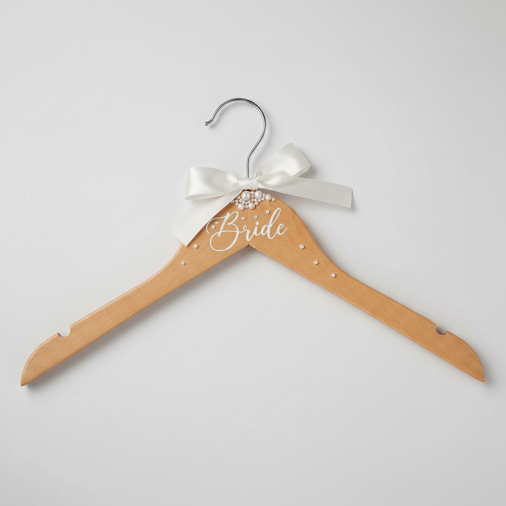 Bride Kleiderbügel aus Holz mit Schleife und Perlen-Details für Brautkleid und Hochzeitsfotos