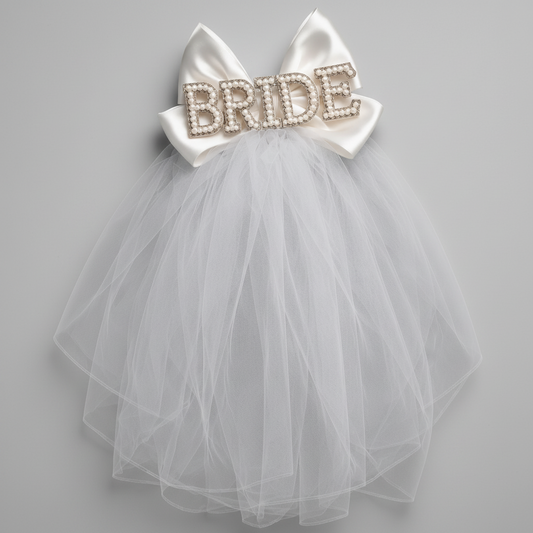 Bride Schleier mit Perlen-Schriftzug und Satin-Schleife für JGA, Bridal Shower und Hochzeit