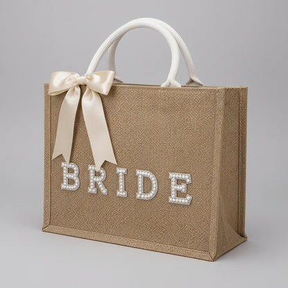 Bride Tasche mit Perlen-Schriftzug und Satin-Schleife für Braut, JGA und Hochzeit