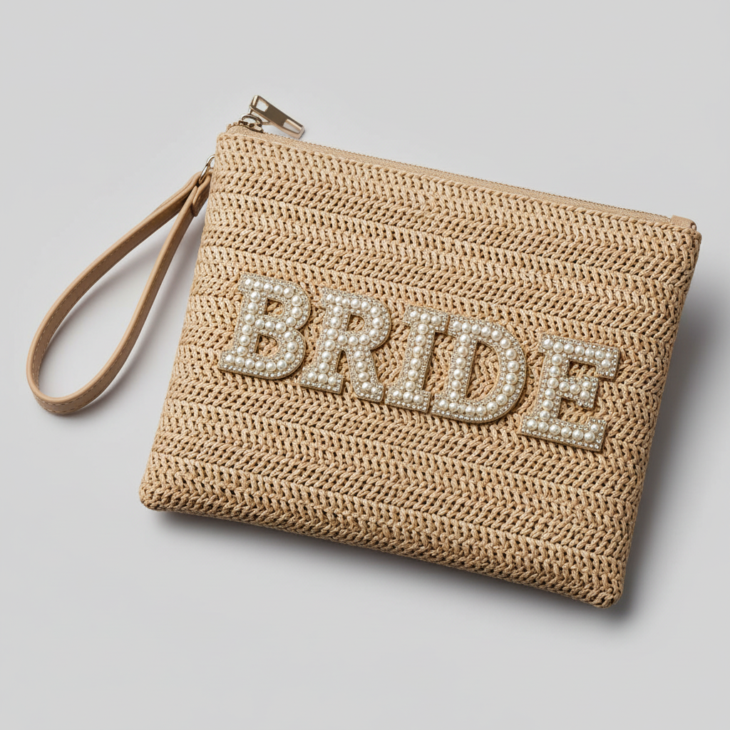 Bride Clutch mit Perlen-Schriftzug als Braut Accessoire für JGA, Bridal Shower und Hochzeit
