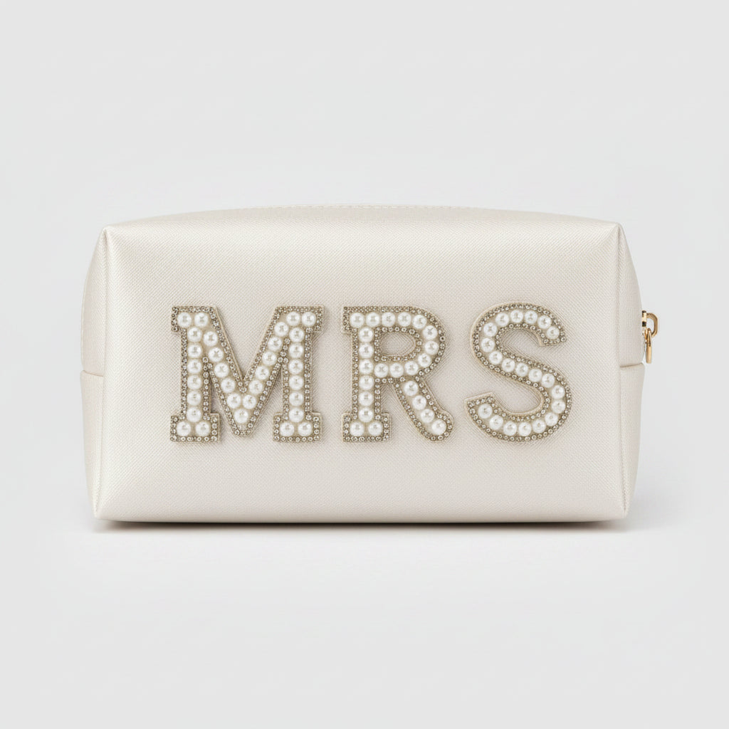 MRS Kosmetiktasche mit Perlenbesatz als Braut Accessoire für Hochzeit, Flitterwochen und Bridal Shower