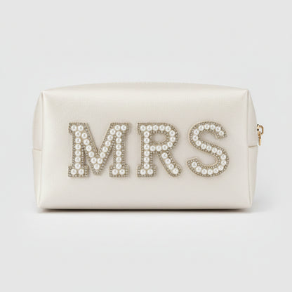 MRS Kosmetiktasche mit Perlenbesatz als Braut Accessoire für Hochzeit, Flitterwochen und Bridal Shower